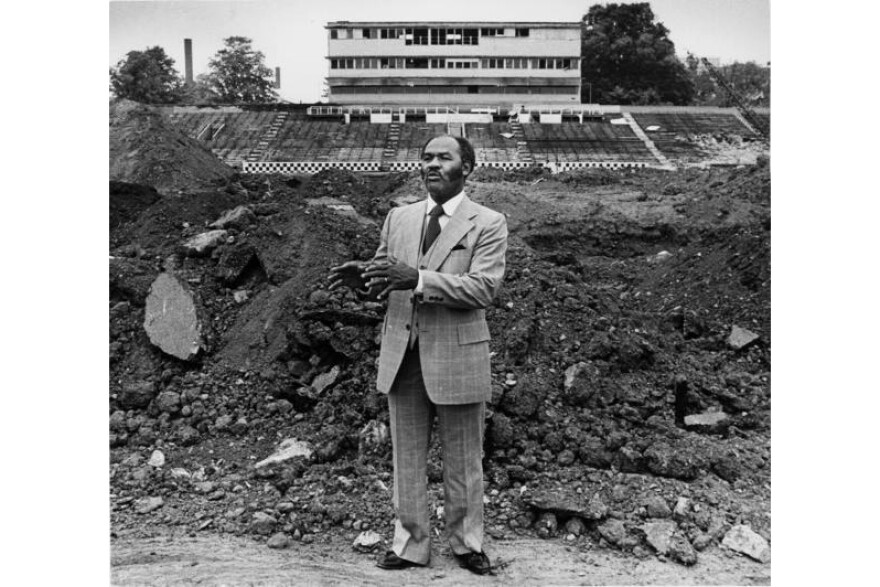 George Taliaferro at the demolition of the old 10th Street football stadium in 1982. Taliaferro was an IU legend on and off the football field – he led IU to its only undefeated season (1945) and helped integrate the university and Bloomington.