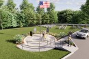 An architectural rendering shows a circular memorial area with people gathered around a flagpole flying a historical American flag, surrounded by greenery, headstones, flowers, and accessible paths, with a white van parked nearby.