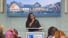Mercedes Wilson speaks before a crowd at Roswell Park Comprehensive Cancer Center's Broadview Community Outreach and Engagement Center in downtown Buffalo on September 9, 2026.