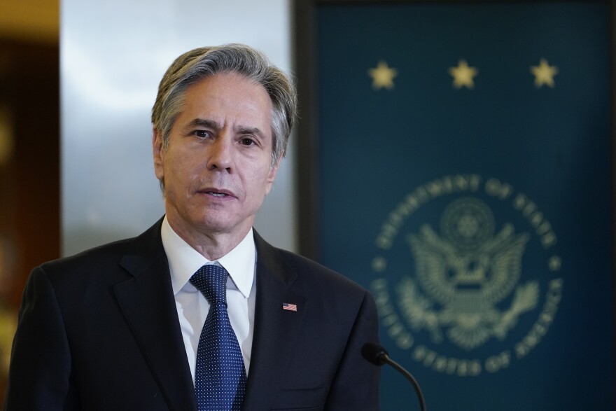 Secretary of State Antony Blinken speaks at the State Department in Washington, Tuesday, Feb. 1, 2022. (AP Photo/Susan Walsh, Pool)