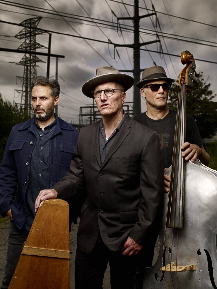 Three musicians standing oudoors under a cloudy sky with telephone wires visible in the background.  Two of the men wear fedoras. They all look deadly serious.  The man on the right, the bass-player, is wearing shades with his fedora and standing next to his upright bass.