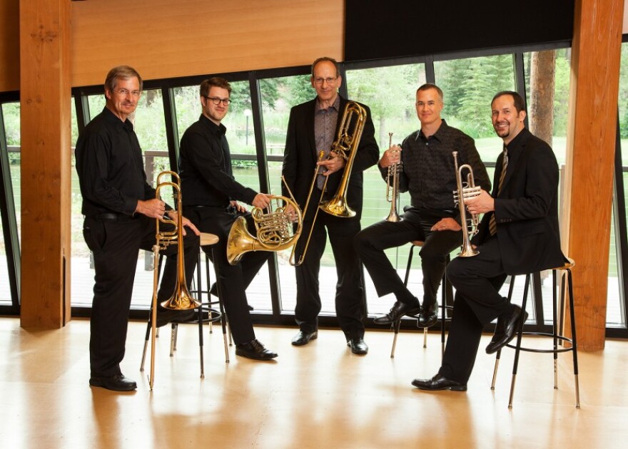 The American Brass Quintet, also known as ABQ, features, from left, Michael Powell, trombone; Eric Reed, horn; John D. Rojak, bass trombone; Louis Hanzlik, trumpet; and Kevin Cobb, trumpet. ABQ, the resident brass ensemble of the Aspen Music Festival and School, will perform at Harris Hall on Thursday.