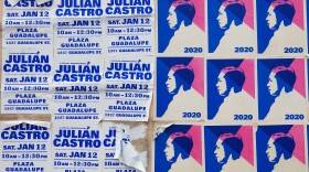 Julián Castro posters remain on an abandoned building on San Antonio's West Side the weekend after he announced his campaign suspension.