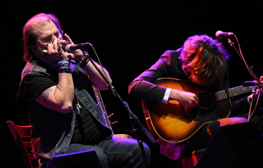 Steve Earle and Joey Ryan of The Milk Carton Kids during the Lampedusa: Concerts for Refugees show at the Rococo Theater in Lincoln, Neb., Oct. 9, 2016.