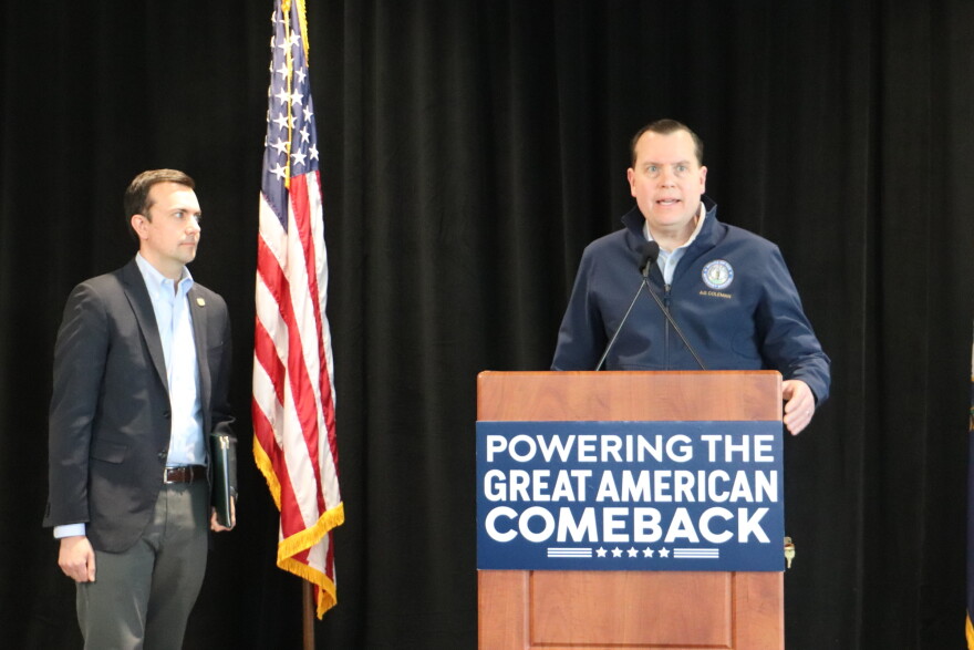 Kentucky Attorney General Russell Coleman, right, and U.S. Environmental Protection Agency Deputy Administrator David Fotouhi came to Louisville in February to announce a rollback of Biden administration emissions rules.