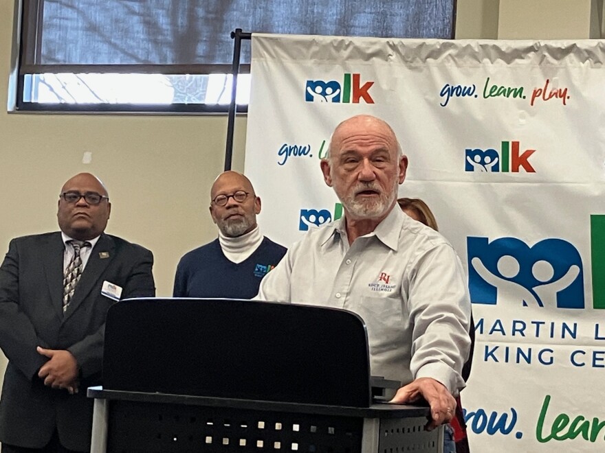 Rock Island Ald. (and Mayor Pro Tem) Mark Poulos speaks at Thursday's press conference at the MLK Center, Rock Island.