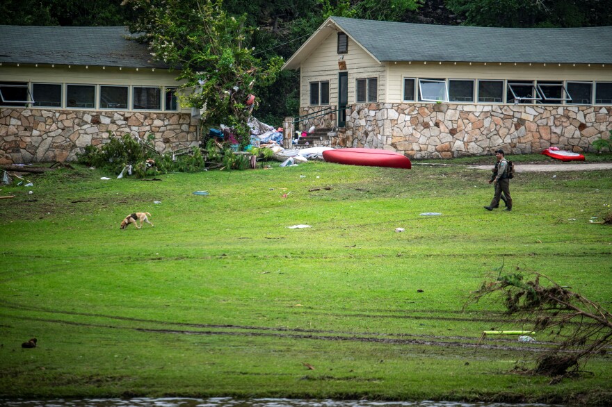 A search dog operates at Camp Mystic after deadly flooding in Kerr County on July 5, 2025.