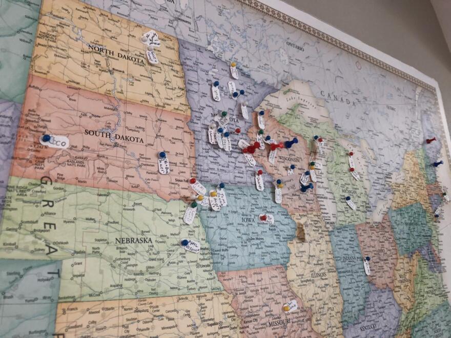 A map stuck with pins at Sam's Beachcomber RV Resort shows where their spring break visitors are coming from across the country.