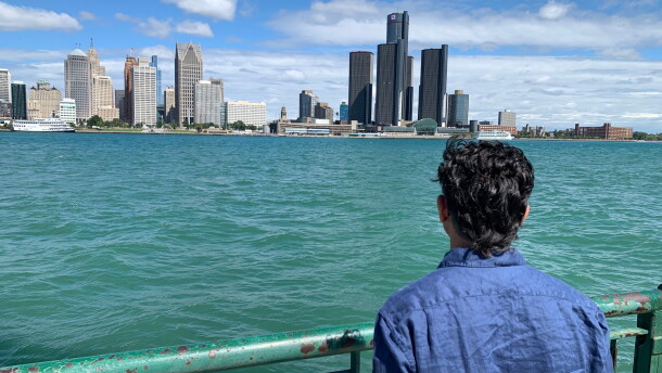 City Councillor Renaldo Agostino looks at the Detroit skyline across the Detroit River Monday, Aug. 24, 2026, in Windsor, Ontario