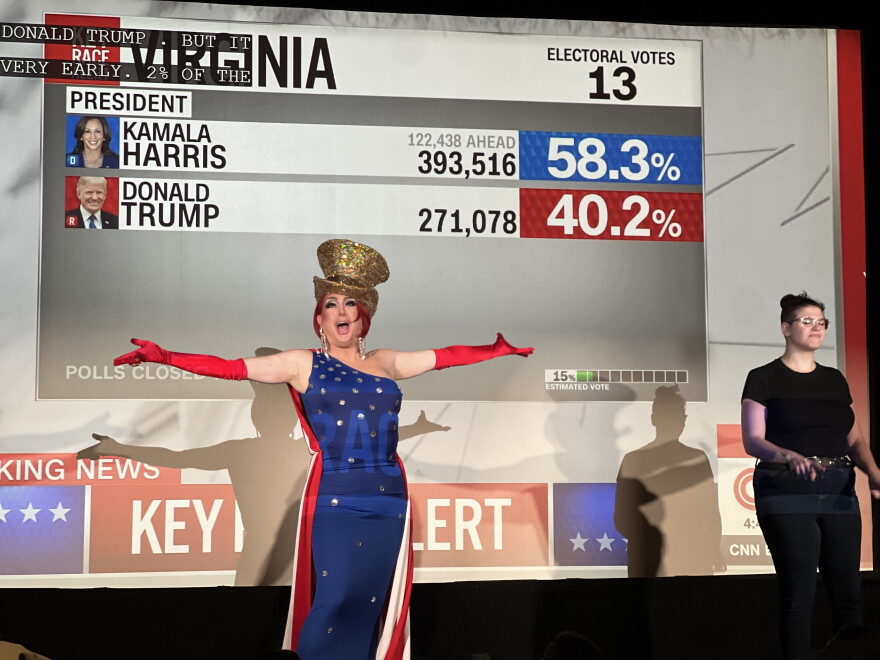 Aggy Dune enters the "Divas of Democracy: An Election Night Watch Party" at ROC Cinema on South Clinton Avenue to 4 Non Blondes' “What’s Up?” on election night, Nov. 5, 2024.