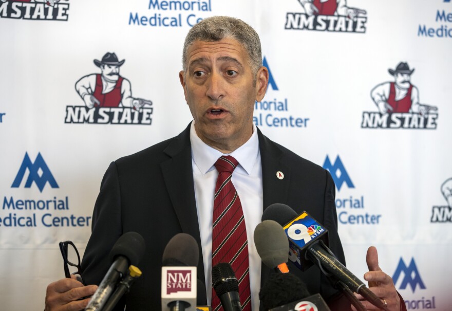 FILE - New Mexico State athletic director Mario Moccia speaks during a news conference Wednesday, Feb. 15, 2023, in Las Cruces, N.M.