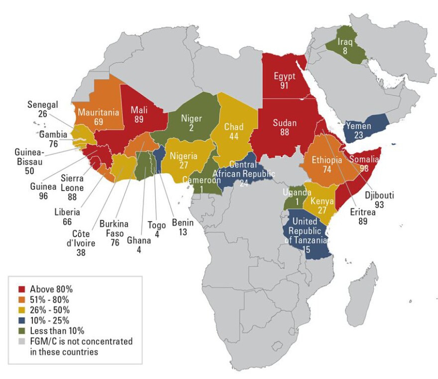 Female genital mutilation occurs primarily in 29 countries in Africa and the Middle East.