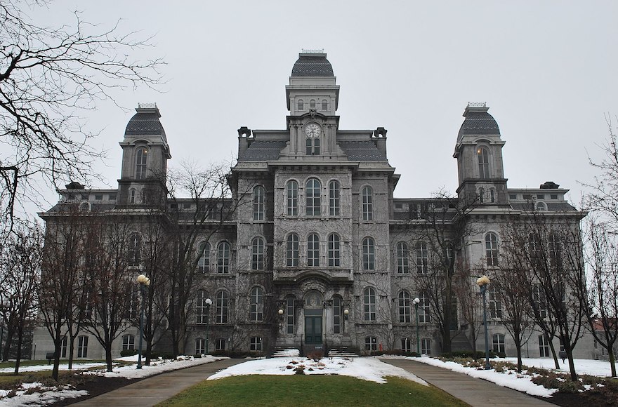 A gray building with two sidewalks in front of it and bare trees lining the sidewalk.