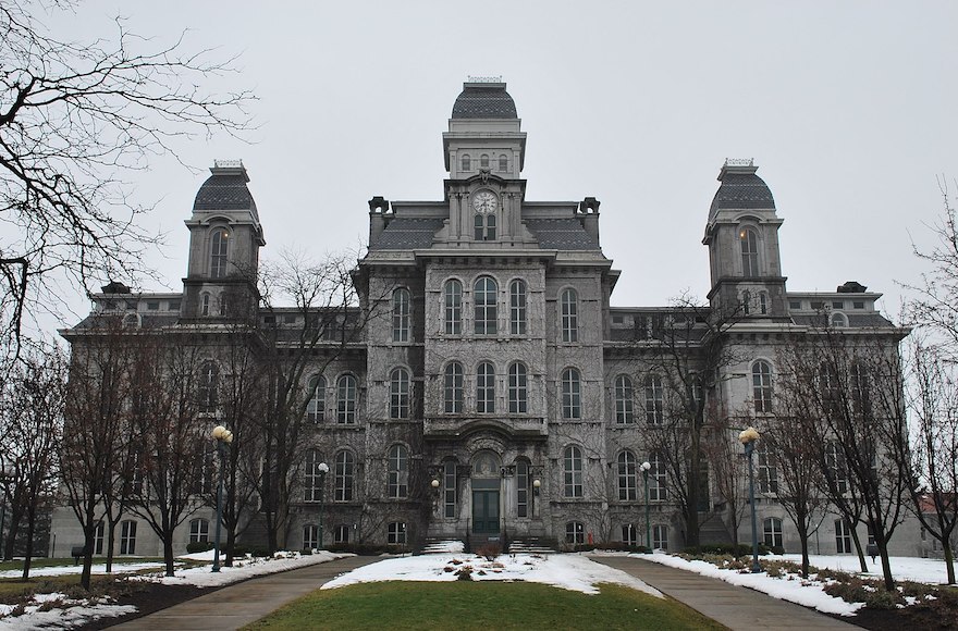 A gray building with two sidewalks in front of it and bare trees lining the sidewalk. 