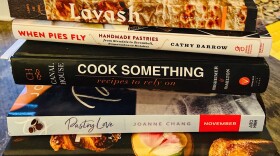 Here & Now resident chef Kathy Gunst joins hosts Robin Young and Tonya Mosley with her list of favorite  cookbooks of 2019. (Photo by Gunst)