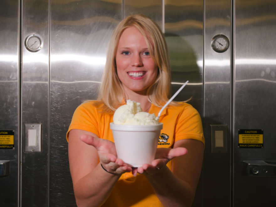 Former University of Missouri graduate student Elizabeth Fenner poses with her "flavor release" ice cream that shifts from vanilla to cherry flavor in the mouth.