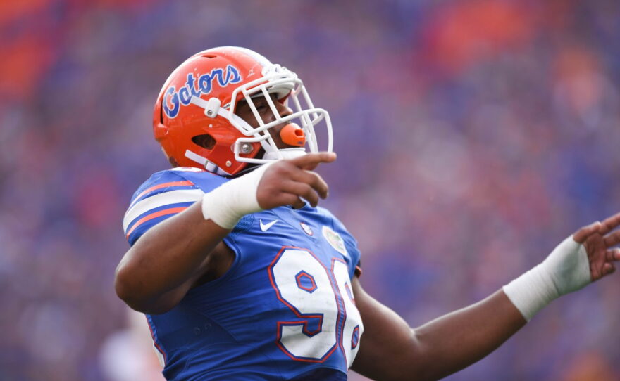 Florida defensive lineman Cece Jefferson (96) shows emotion after the defense forces a three-and-out.