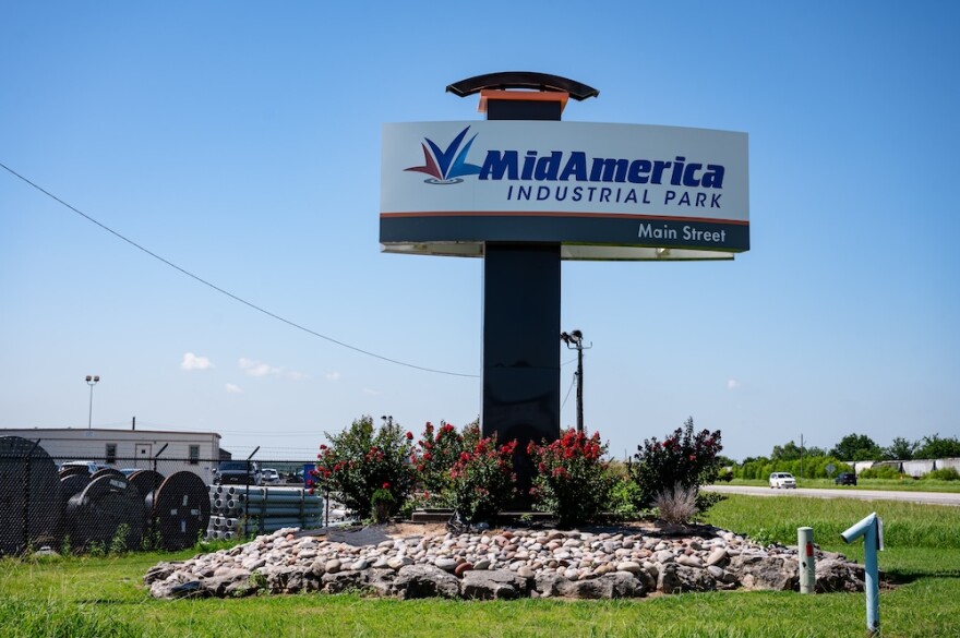 The MidAmerica Industrial Park sign is photographed in Pryor on Tuesday, July 7, 2026.