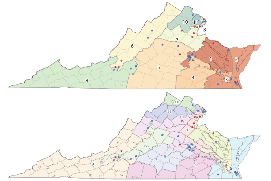 These illustrations show the rough location of every U.S. House of Representatives candidate who has filed to run in Virginia and had reported some fundraising activity by Dec. 31, 2025, according to data from the Virginia Public Access Project. The top map displays the state's current congressional districts, and the bottom map displays the proposed new districts.