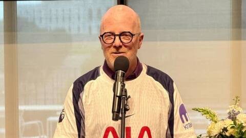 Fred Child speaks at a reception honoring his tenure as host of 'Performance Today' on Tuesday, July 29, 2025, at the Kling Public Media Center in St. Paul, Minnesota.