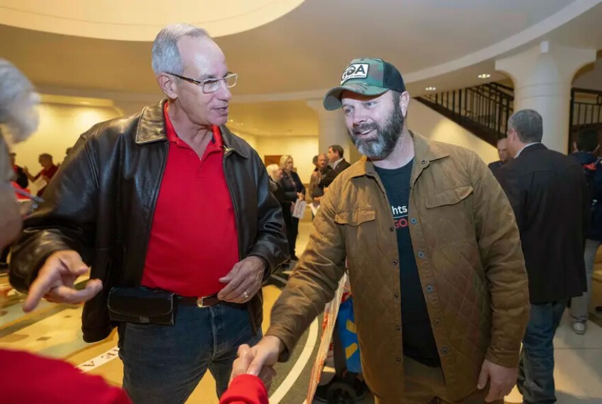 State Rep. Wes Virdell, R-Brady, right, at the Capitol on Dec. 7. Virdell's district includes Kerrville, which suffered catastrophic damage and loss of life in the July 4 flood.