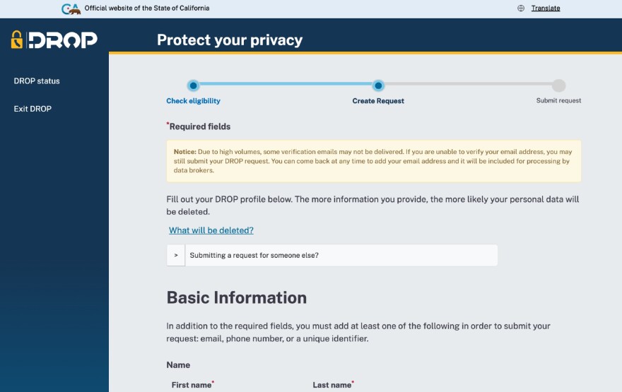 A form on California’s DROP website.