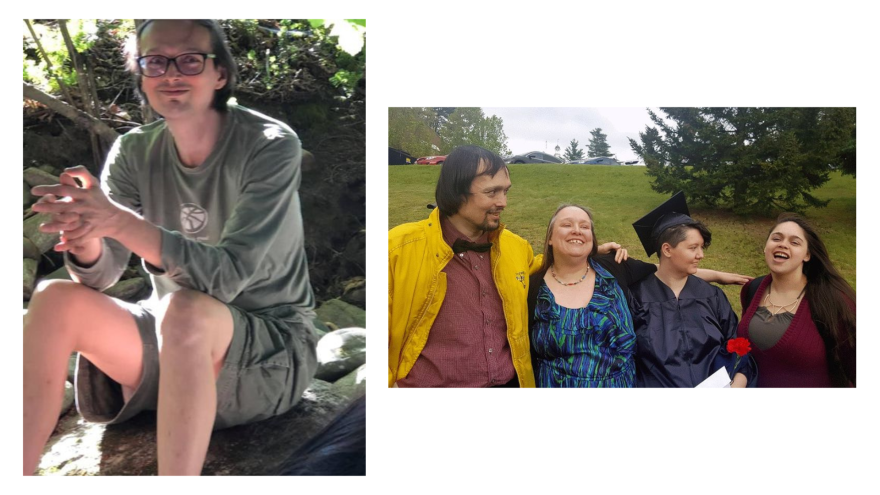 Two color photographs: left (a smiling man seated on a rock wearing glasses and khakis, on the right: four people lined up with their arms around each other outside.)