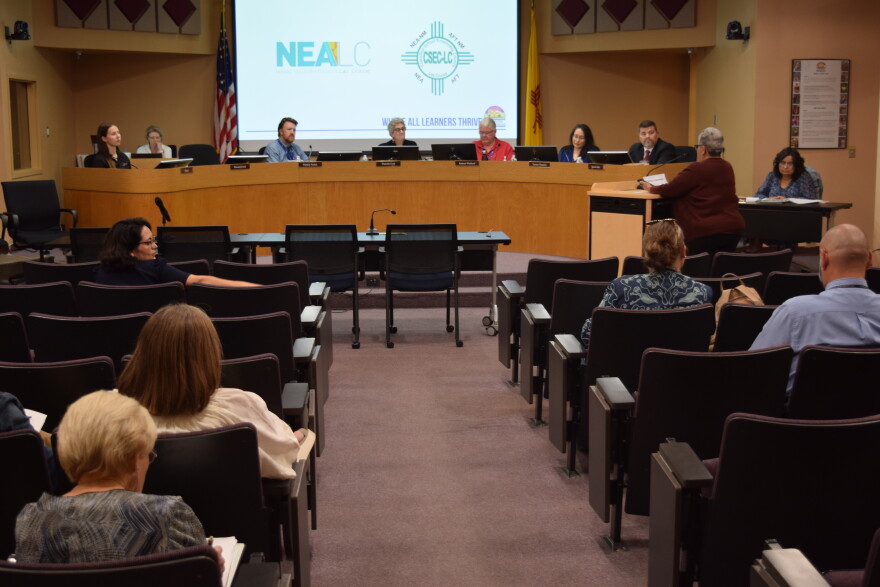 The Las Cruces Public School Board listens to a presentation.