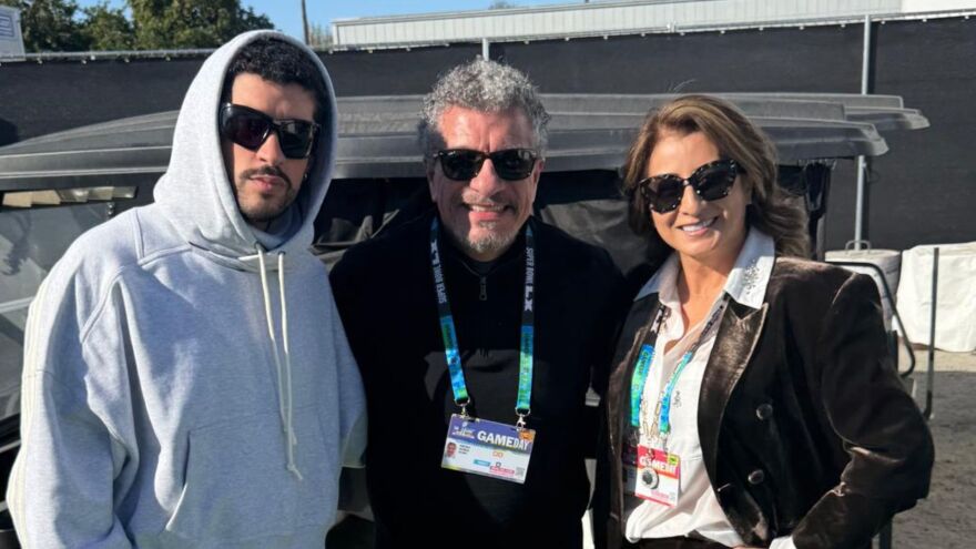 Bad Bunny (left), Giancarlo Guerrero (middle) and wife Shirley Borloz (right) before the Super Bowl halftime show.
