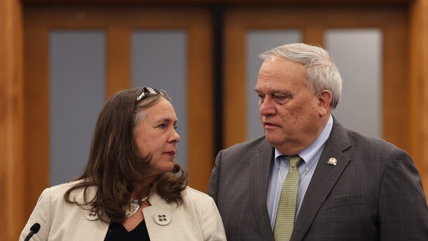 Rep. Suzanne Miles, the Republican caucus chair from Owensboro, talks with GOP Senate President Robert Stivers on the House floor as the legislative session picking up its pace.