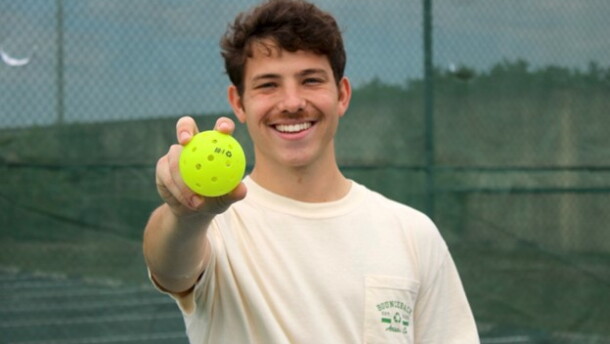 Rosenthal shows off one of BounceBack Pickle’s first 100% recycled pickleballs at Three Oaks Park on Jan. 26.