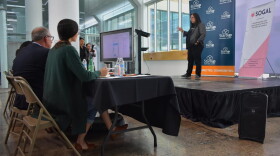 Daisy Pham of Halo App pitches her business concept of a phone application for small-dollar loans to a panel of venture capitalists.