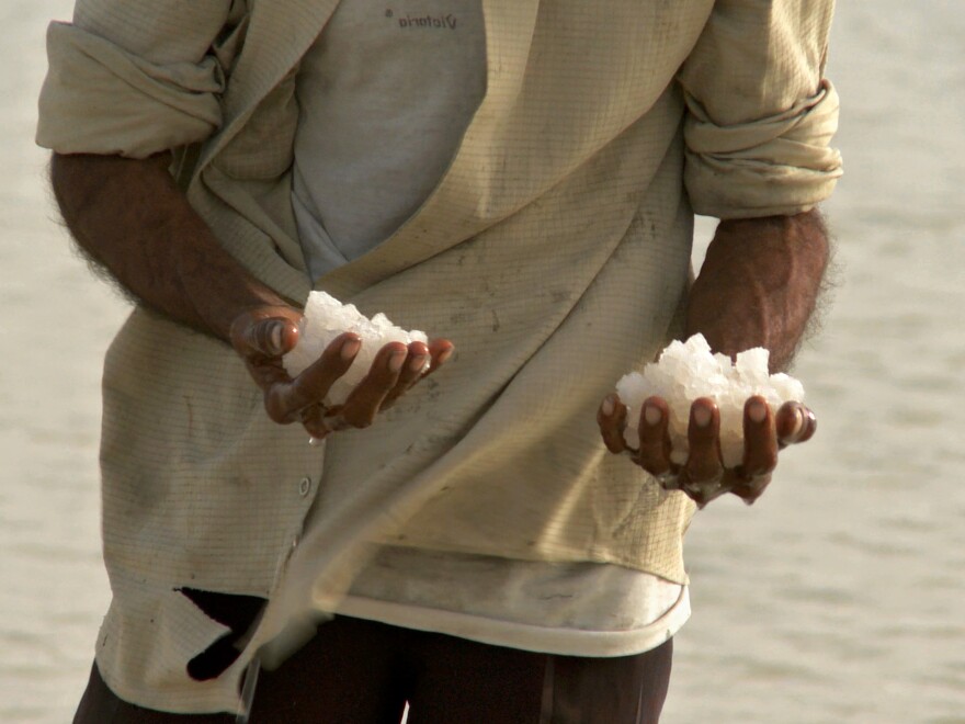 A salt farmer holds fistfuls of large, white crystals, which take months of backbreaking work to produce.