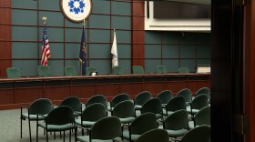 The empty Bloomington City Council chambers at City Hall.