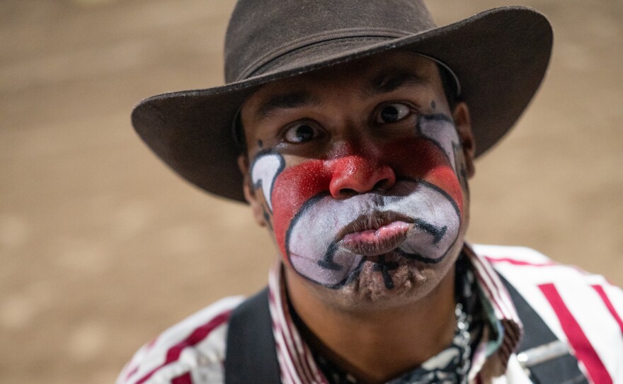 A silly face from a serious bullfighter and rodeo clown at the Wolfe City Rodeo on Friday, Aug. 7, 2026, in Wolfe City, Texas.