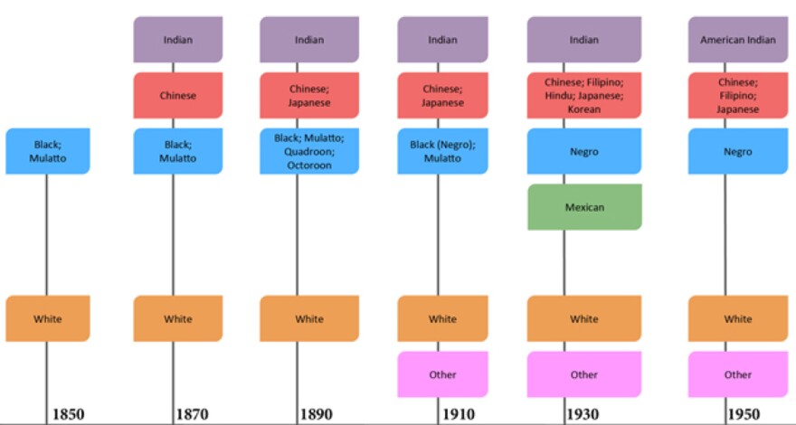 A portion of the U.S. Census Bureau's interactive graphic shows the history of the race question on its survey.