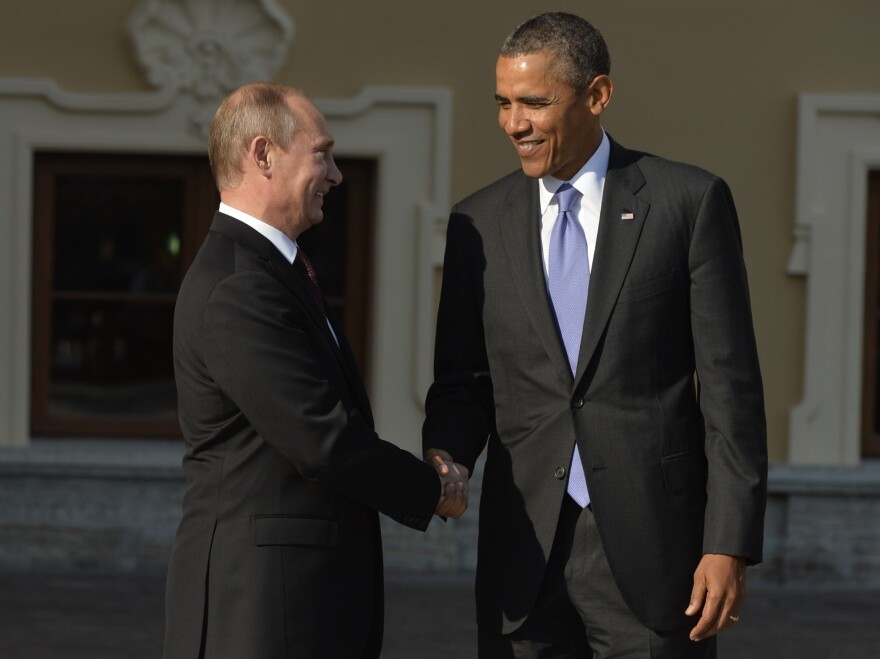 Russia's President Vladimir Putin welcomes President Obama at the start of the G-20 summit on Sept. 5 in St. Petersburg. Russia.