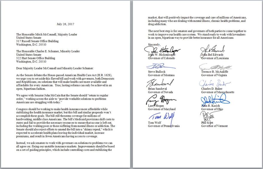 The letter signed by Vt Gov. Phil Scott and nine other bi-partisan governors from around the country, voicing concern about repealing the Affordable Care Act.