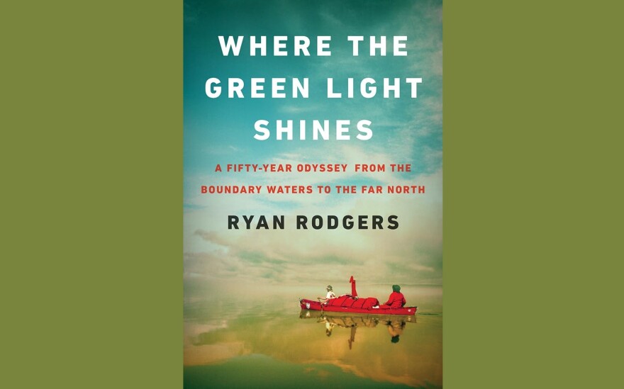 Cover of "Where the Green Light Shines" by Ryan Rodgers; photo of two people in a red canoe against a large expanse of water and sky