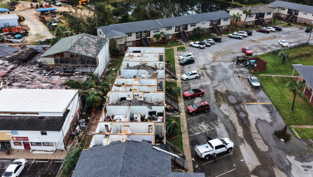 An apartment complex which had its roof ripped off is seen in the aftermath of Hurricane Isaias in Milton, Fla., Saturday, Oct. 10, 2026.