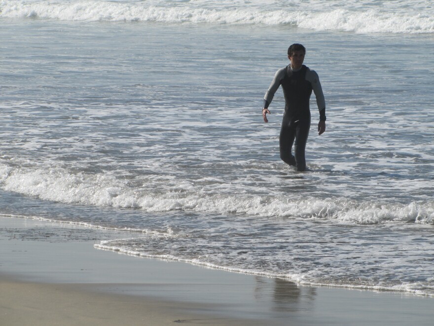 A surfer goes into the water at Imperial Beach, despite warnings of a major sewage spill along the coast. The contaminated water can cause infections and gastrointestinal problems.