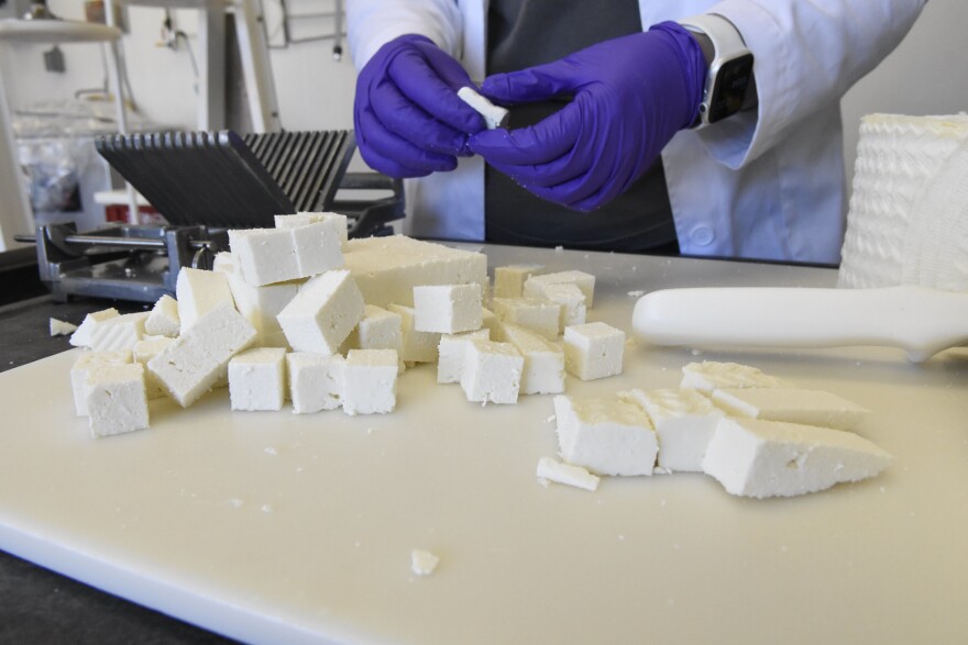 A Fresno State student prepares cheese samples for a research project at the campus creamery lab.