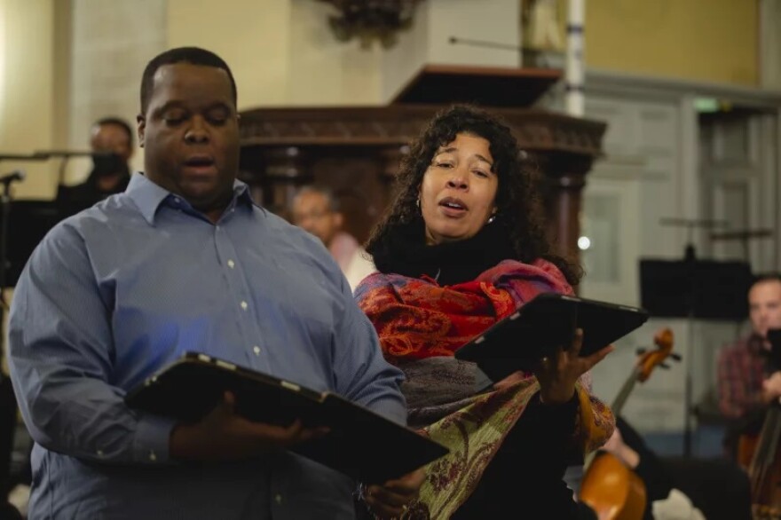 Baritone Joshua Conyers and soprano Mary Elizabeth Williams sing in a rehearsal of the nearly lost 1887 opera Morgiane, perhaps the oldest opera composed by a Black American.