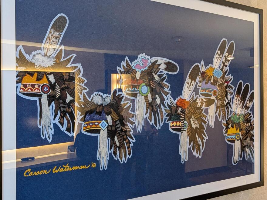 Carson Waterman is one of several Seneca artists whose work will adorn the renovated rooms. This piece visualizes variations of the gustoweh, a traditional headwear of Haudenosaunee people.