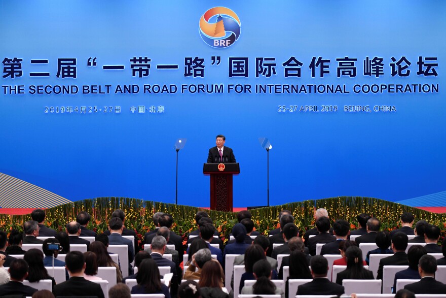 China's President Xi Jinping speaks at a press briefing at the end of the final day of the Belt and Road Forum on Saturday.