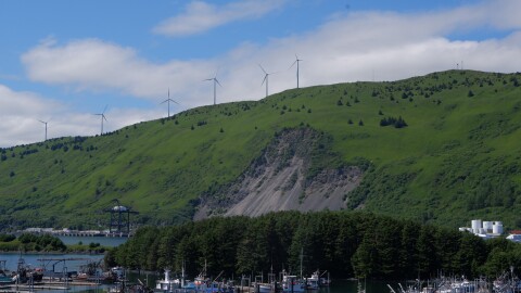 Saint Herman's harbor on Near Island on a sunny day, with Pillar Mountain in the background