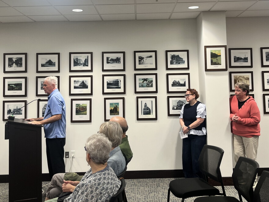 James Timmons, left, speaks to Lackawanna County Commissioners while Meg Nudelman and Karen Timmons wait to address the officials.
