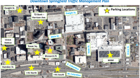  A map of downtown Springfield shows available parking areas where events will be happening between June 9 and 11, 2023.