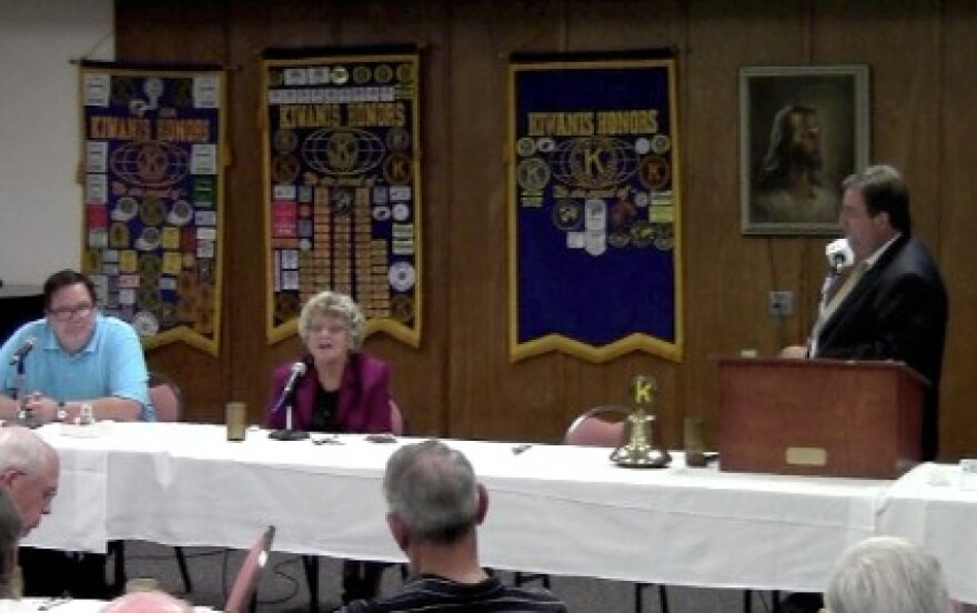Phillip Oyler and Jeannie Cue discuss the issues with KWGS' John Durkee at the 1st United Methodist Church in downtown Tulsa, hosted by the Downtown Tulsa Kiwanis Club.