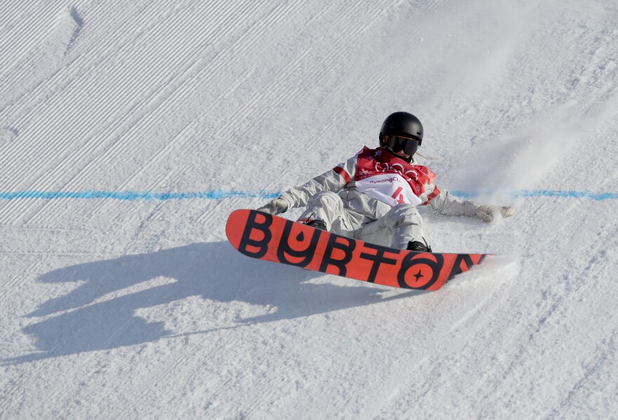 Julia Marino, of Westport, Connecticut, lands during the women's Big Air snowboard final at the 2018 Winter Olympics in Pyeongchang, South Korea, Thursday, Feb. 22, 2018.